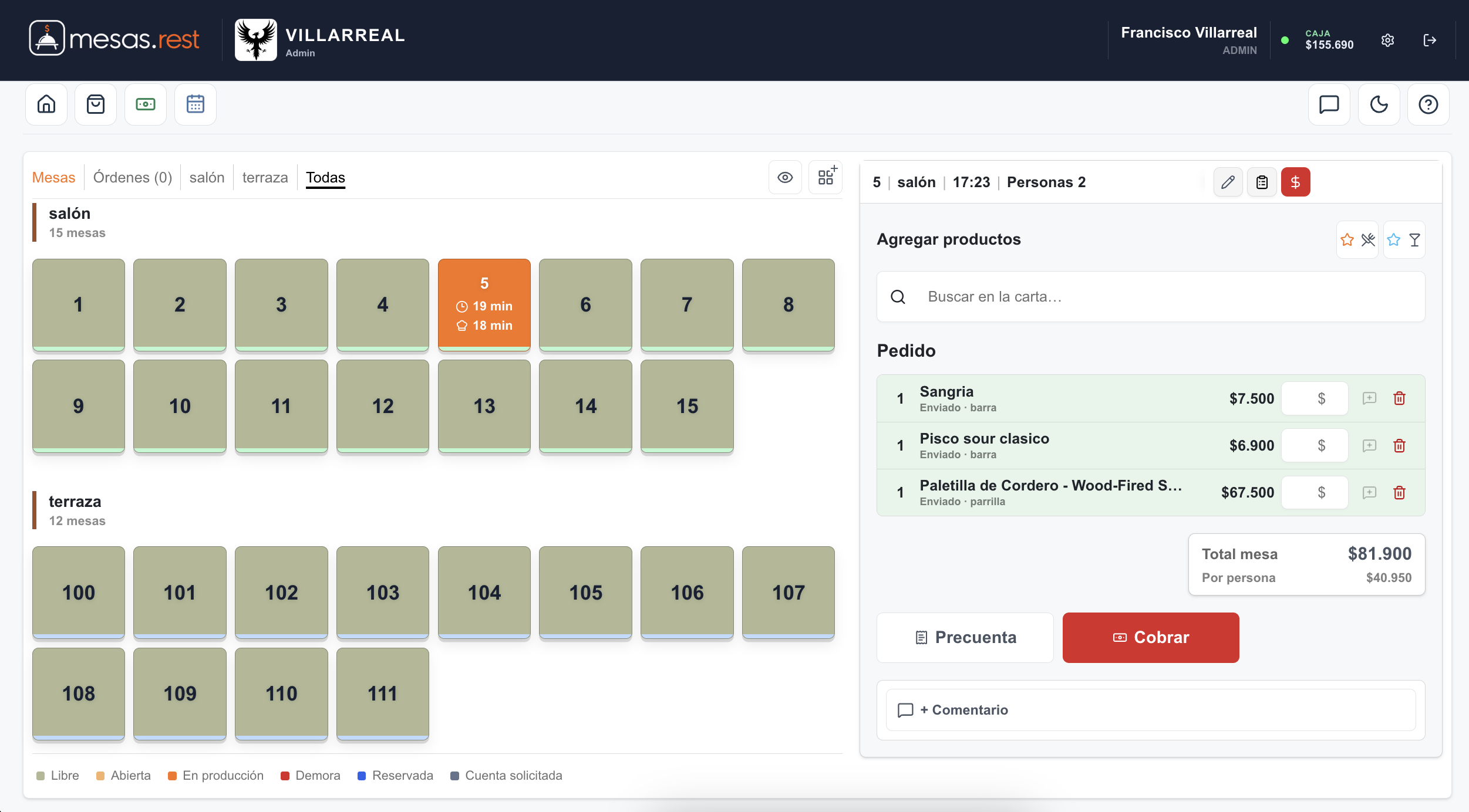 Pedido y mesas de Villarreal en computador